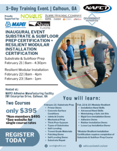 NAFCT three day training event in Calhoun, GA to complete two certifications for subfloor prep and reilient installation